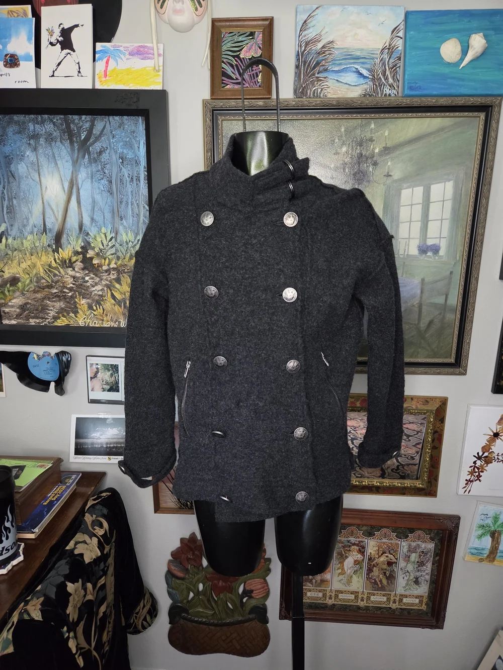 Free People Double-Breasted Charcoal 100% Wool Jacket Military Style Peacoat XS